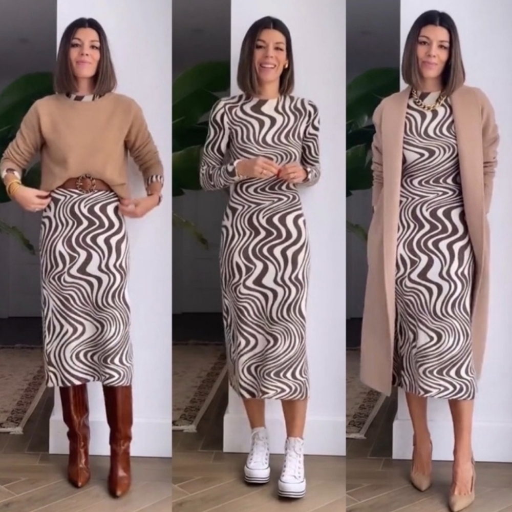 ZARA Retro Swirl Wool Blend Knit Midi Sweater Dress Size M